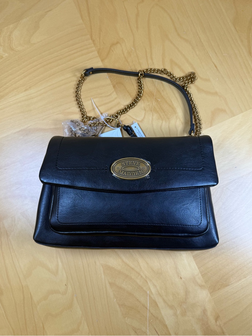 Steve Madden Black Faux Leather Crossbody with Gold Chain and Keys